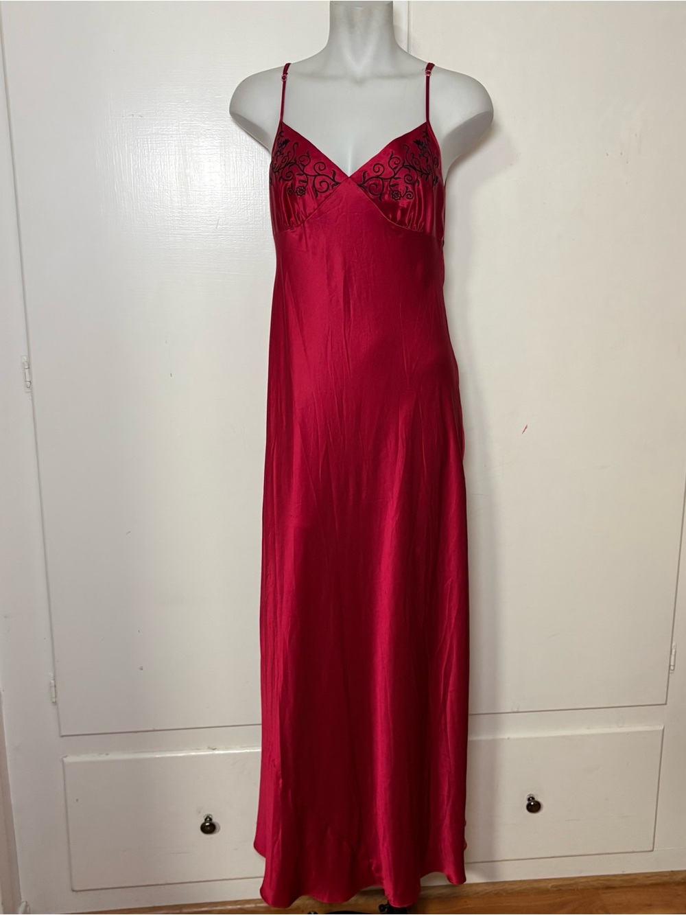 Vintage 90s Lilly Wicket Red Silk Embroidered Whimsygoth Maxi Slip Nightgown